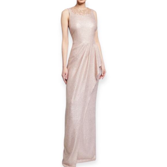 Rickie Freeman Teri Jon Crew Neck Sleeveless Long Dress Neutral Metallic Size 10 - Picture 1 of 13